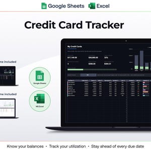 May include: A digital credit card tracker spreadsheet template for Google Sheets and Microsoft Excel. The interface displays a dark theme dashboard with financial charts, balance summaries, and a detailed table for tracking credit card utilization.