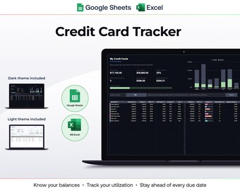 May include: A digital credit card tracker spreadsheet template for Google Sheets and Microsoft Excel. The interface displays a dark theme dashboard with financial charts, balance summaries, and a detailed table for tracking credit card utilization.