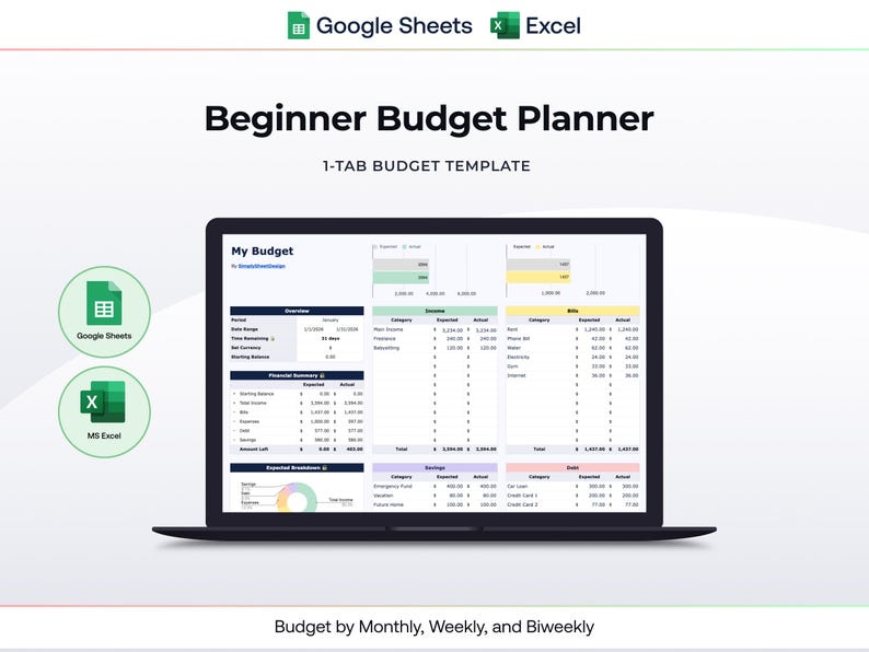 Beginner Budget Spreadsheet for Google Sheets & Excel | Simple 1-tab ...