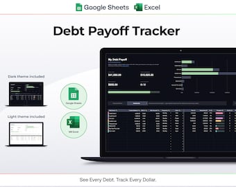 May include: A laptop screen displays a debt payoff tracker with dark and light themes, compatible with Google Sheets and MS Excel. The text "Debt Payoff Tracker" is prominently displayed. The image includes the text "See Every Debt. Track Every Dollar."