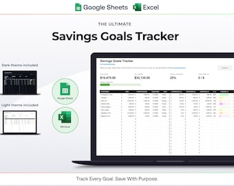 May include: A laptop screen displays a savings goals tracker in Google Sheets and MS Excel. The image includes a dark and light theme, with the text "THE ULTIMATE Savings Goals Tracker." The tracker shows financial data and progress bars.