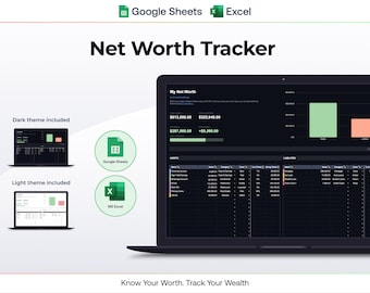 May include: A laptop screen displays a "Net Worth Tracker" with dark and light themes, showcasing financial data. The image includes Google Sheets and Excel logos, with the text "Know Your Worth. Track Your Wealth."
