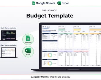 May include: A laptop displays a budget template in a spreadsheet format. The image includes the text "THE ULTIMATE Budget Template" and "Budget by Monthly, Weekly, and Biweekly." Icons for Google Sheets and MS Excel are also present, with dark and light theme options.
