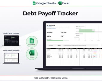 May include: A laptop displays a debt payoff tracker with a dark and light theme option. The image includes Google Sheets and MS Excel logos, with the text "Debt Payoff Tracker" and "See Every Debt. Track Every Dollar."