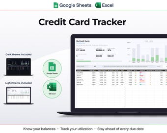 May include: A digital credit card tracker spreadsheet for Google Sheets and Excel displayed on a laptop screen. The interface shows financial data, including credit card balances, utilization percentages, and due dates, with both light and dark themes.
