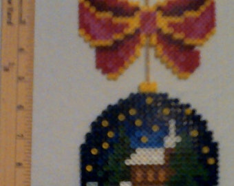 Perler Bead Christmas Orniment with Church and Bow