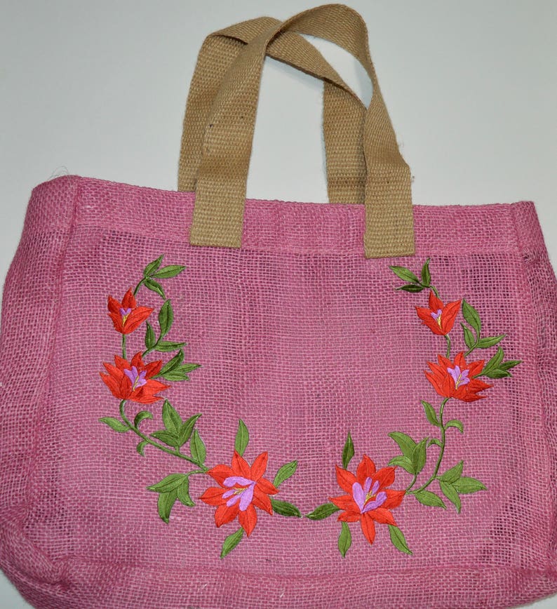 Tote Bag Floral Tote Bag Pink Burlap Colorful Burlap Burlap Tote Bag