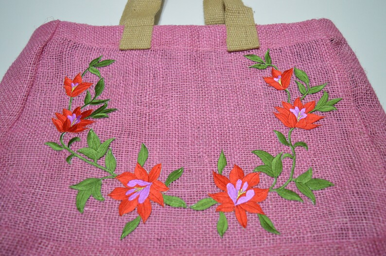 Tote Bag Floral Tote Bag Pink Burlap Colorful Burlap Burlap Tote Bag