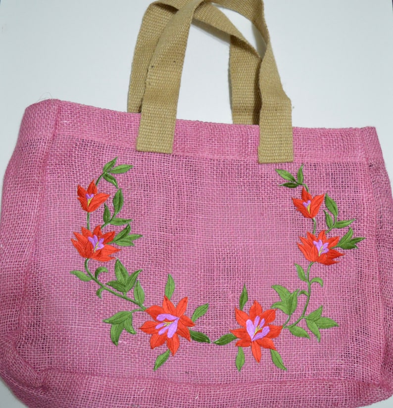 Tote Bag Floral Tote Bag Pink Burlap Colorful Burlap Burlap Tote Bag
