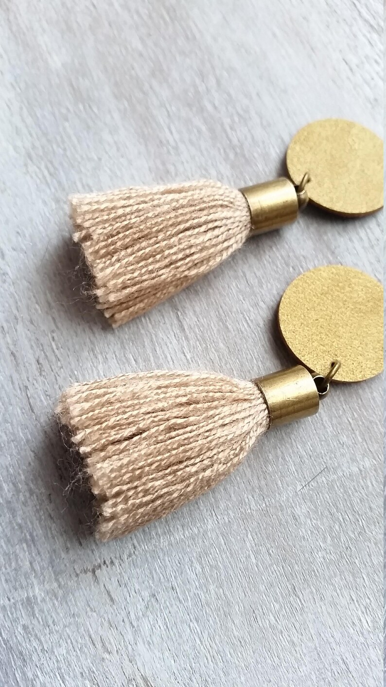Statement boho tassel earrings Antique Gold leather earrings Short cotton tassel