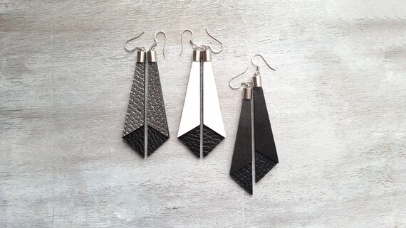 Genuine Leather Black Teardrop Lightweight Drop Earrings Recycled Genuine Leather Statement Dangle Earrings