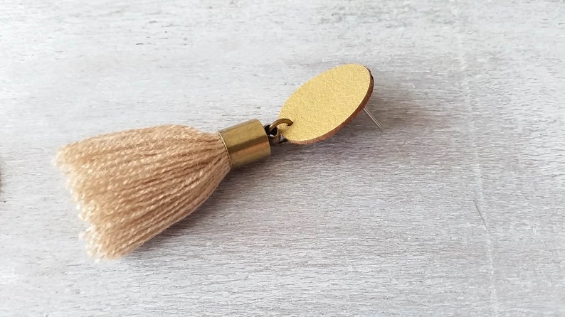 Statement boho tassel earrings Antique Gold leather earrings Short cotton tassel
