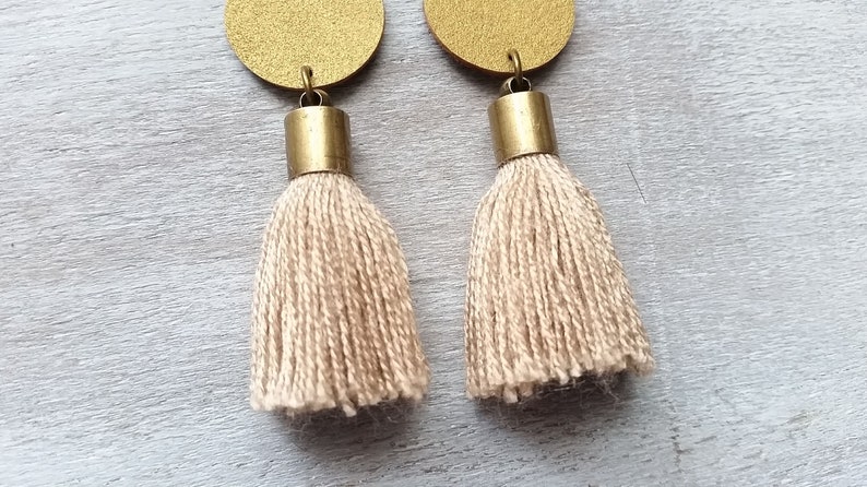 Statement boho tassel earrings Antique Gold leather earrings Short cotton tassel