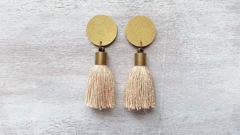 Statement boho tassel earrings Antique Gold leather earrings Short cotton tassel