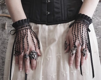 Cascade Lace Wrist Cuffs - Black Venetian Lace Gothic Victorian Mourning Cuffs - Long Black Goth Lace Bracelet Cuffs - Gothic Lace Wedding