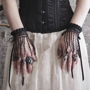 Cascade Lace Wrist Cuffs - Black Venetian Lace Gothic Victorian Mourning Cuffs - Long Black Goth Lace Bracelet Cuffs - Gothic Lace Wedding