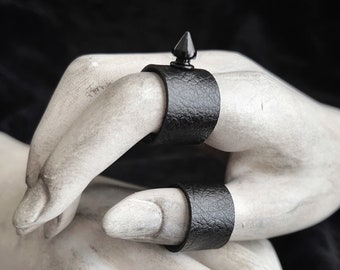 Black Spike Stud Vegan Leather Ring - Wide Black Faux Leather Finger Cuff - Punk Rock Tree Spike Shield Ring - Modern Black Goth Jewelry