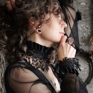 Crestfallen Gothic Lace Choker and Cuff Set - Wide Black Teardrop Fringe Victorian Mourning Necklace - Romantic Dark Goth Wedding Jewelry