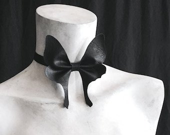 Grand Luna Moth Choker Collar - Goth Faux Vegan Leather Black Bowtie - Large Moth Necklace - Moth Bow Tie - Black Goth Statement Jewelry