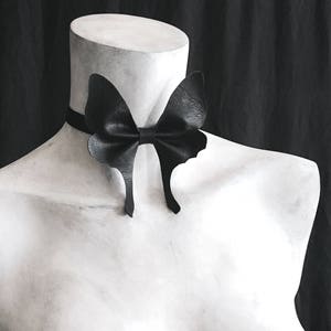 Grand Luna Moth Choker Collar - Goth Faux Vegan Leather Black Bowtie - Large Moth Necklace - Moth Bow Tie - Black Goth Statement Jewelry