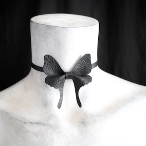 Petite Luna Moth Necklace - Small Black Moth Choker Collar - Unisex Faux Vegan Leather Moth Bowtie - Black Goth Choker Necklace Jewelry