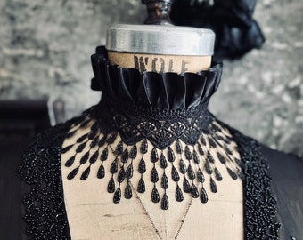 Crestfallen Wide Black Lace Choker - Long Teardrop Fringe Victorian Mourning Collar - Romantic Gothic Wedding Necklace - Plus Size Options