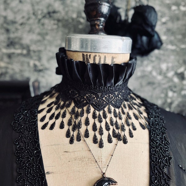 Crestfallen Wide Black Lace Choker - Long Teardrop Fringe Victorian Mourning Collar - Romantic Gothic Wedding Necklace - Plus Size Options