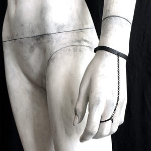 Unisex Chain Bracelet With Ring - Black Vegan Leather Cuff With Chain Finger Ring - Faux Leather Bracelet - Minimal Goth Black Band Jewelry