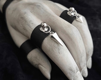 Choice of Mini Or Long Silver Spike Black Vegan Leather Ring - Wide Faux Leather Finger Cuff - Silver O-Ring - Modern Black Goth Jewelry