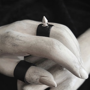 Silver Spike Stud Black Vegan Leather Ring - Wide Faux Leather Finger Cuff - Silver Punk Rock Tree Spike Ring - Modern Black Goth Jewelry