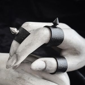 Choice of Black Spike Or Silver Spike Stud Vegan Leather Ring - Wide Faux Leather Finger Cuff - Punk Rock Ring - Modern Black Goth Jewelry