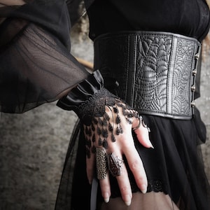 Crestfallen Black Long Lace Wrist Cuffs - Wide Teardrop Fringe Victorian Mourning Bracelet - Romantic Dark Wedding Gothic Lacy Arm Bands