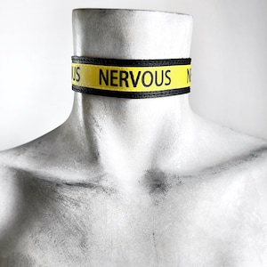 NERVOUS - Wide Yellow Choker Collar - Mental Health Awareness - Punk Spike Antisocial Anxiety Black Vegan Leather Necklace - Goth Unisex