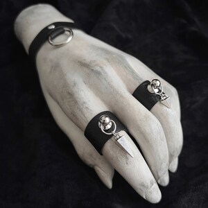 Silver Spike Black Vegan Leather Ring - Wide Faux Leather Finger Cuff - Silver O-Ring With Long Pendulum Drop - Modern Black Goth Jewelry