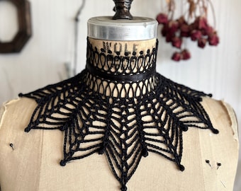 Nephila Spiderweb Lace Crochet Collar - Wide Black Gothic Victorian Mourning Choker - Vampire Dark Wedding Neckpiece - Plus Size Available