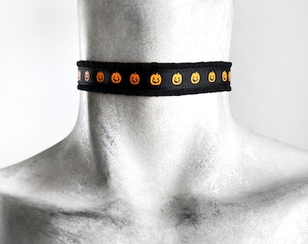 Halloween Jack-O-Lantern Choker - Orange and Black Smiling Pumpkin Print Necklace - Spooky Gothic Ribbon Jewelry - Plus Size Available