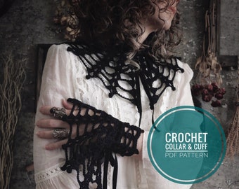 Requiem Crochet Collar and Cuff Pattern - Black Spiderweb Lace Gothic Victorian Mourning Detached Collar and Cuffs - PDF Digital Download