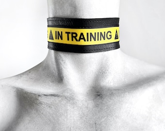 IN TRAINING - Extra Wide Caution Yellow Human Dog Collar - Puppy Play Collar - Goth Black Vegan Leather Necklace - Antisocial Unisex Jewelry