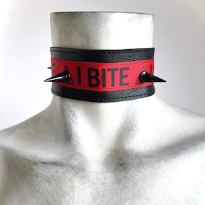 I BITE - Vegan Leather Spike Red Choker Collar - Black Extra Wide Punk Antisocial Choker - Unisex Goth Vampire Chunky Spike Collar Necklace