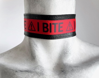 I BITE - Extra Wide Red Vampire Choker - Black Vegan Leather Punk Antisocial Collar - Goth Unisex Spike Dog Collar Necklace - Puppy Play