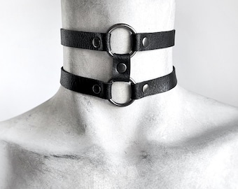 Two Band Black Vegan Leather Choker With Gunmetal O-rings - Faux
