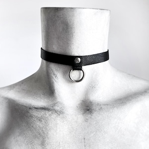 1/2&quot; Wide Black Choker With Silver O-Ring - Vegan Leather Collar Necklace - Unisex Punk Black Choker Collar - Goth Faux Leather Day Collar