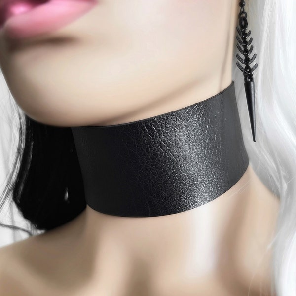 2" Wide Black Vegan Faux Leather Choker - Extra Wide Chunky Collar Necklace - All Black Goth Unisex Jewelry - Plus Size Available