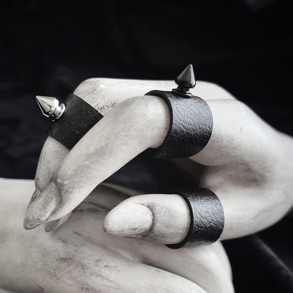 Black Spike Stud Vegan Leather Ring - Wide Black Faux Leather Finger Cuff - Punk Rock Tree Spike Shield Ring - Modern Black Goth Jewelry