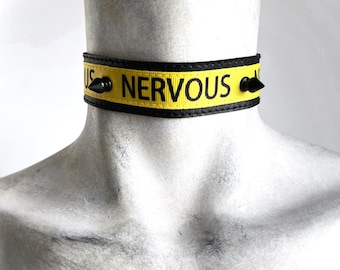 NERVOUS - Spike Choker Necklace - Yellow Antisocial Anxiety Wide Black Collar - Mental Health Awareness Punk Goth Vegan Leather Choker