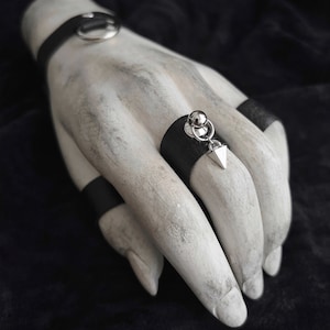 Mini Silver Spike Black Vegan Leather Ring - Wide Faux Leather Finger Cuff - Silver O-Ring With Pendulum Drop - Modern Black Goth Jewelry
