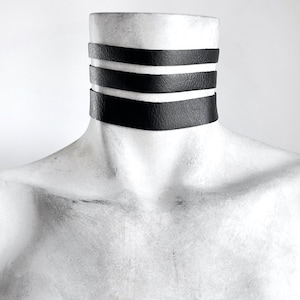 Three Piece Black Vegan Leather Choker Set - 3/4", 1/2" & 3/8" Wide Stacked Collar Necklaces - Unisex Goth Jewelry - Plus Size Available