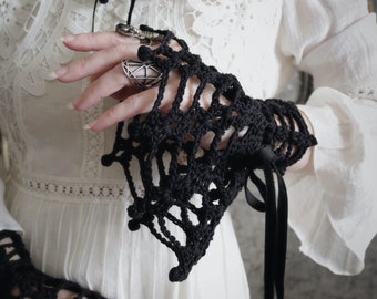 Requiem Crochet Wrist Cuffs - Black Spiderweb Lace Gothic Victorian Mourning Cuffs - Wide Black Goth Bracelet Wrist Cuffs - Crochet Cuffs