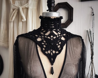 Nyx Black Beaded Crochet Collar - Gothic Victorian Mourning Choker Necklace With Corset Lace-up Back and Faceted Beads - Goth Crochet Collar