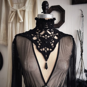 Nyx Black Beaded Crochet Collar - Gothic Victorian Mourning Choker Necklace With Corset Lace-up Back and Faceted Beads - Goth Crochet Collar